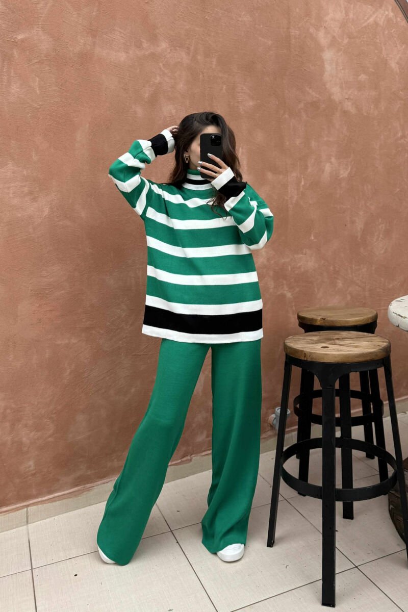 TURTLE NECK SWEATER+TROUSERS STRIPED KNIT WOMEN SET GREEN/JESHILE - 2