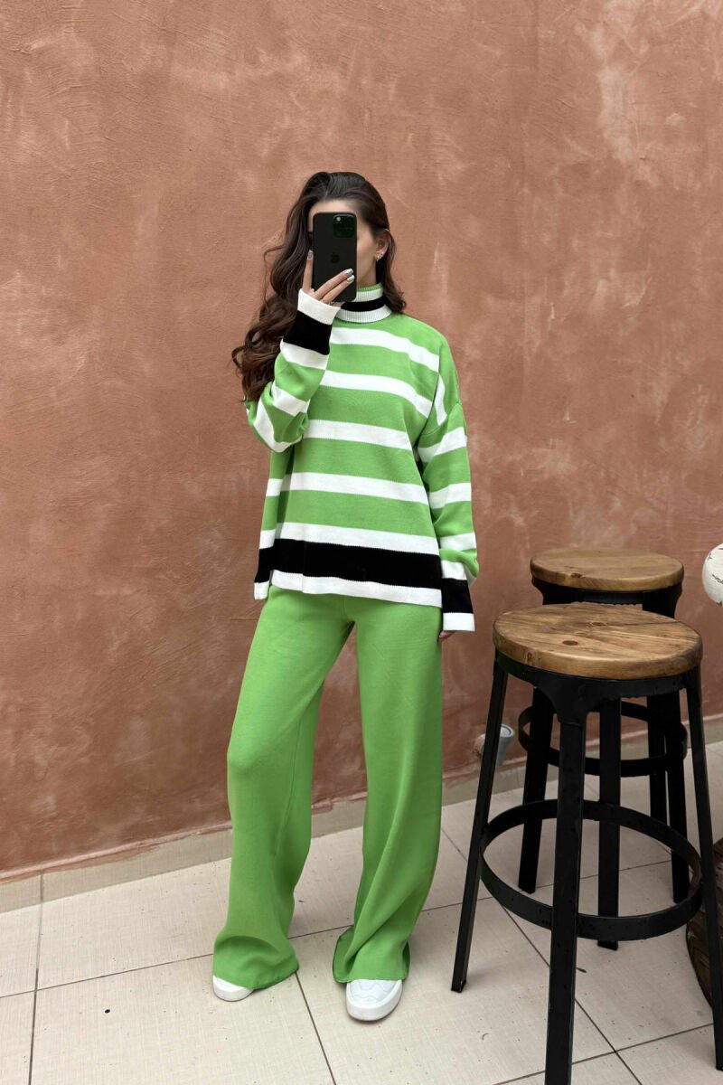 TURTLE NECK SWEATER+TROUSERS STRIPED KNIT WOMEN SET LIGHT GREEN/JEZB - 1
