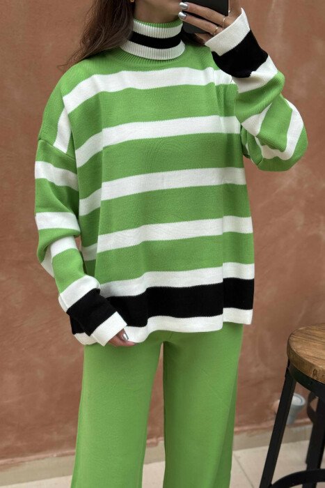 TURTLE NECK SWEATER+TROUSERS STRIPED KNIT WOMEN SET LIGHT GREEN/JEZB - 4