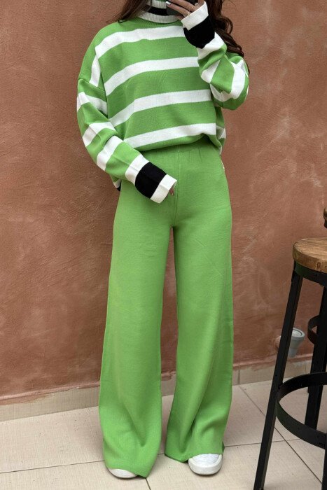 TURTLE NECK SWEATER+TROUSERS STRIPED KNIT WOMEN SET LIGHT GREEN/JEZB - 5