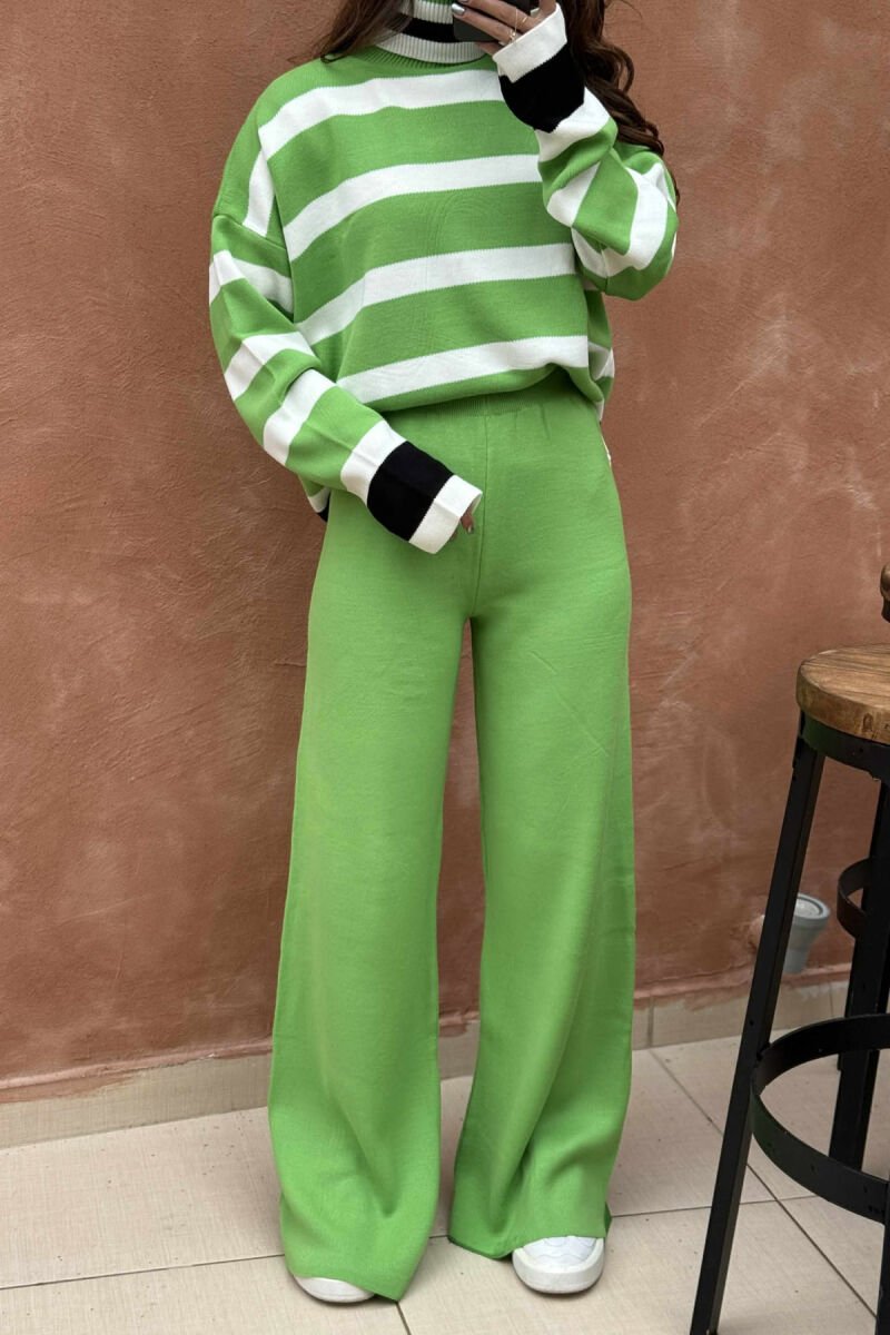 TURTLE NECK SWEATER+TROUSERS STRIPED KNIT WOMEN SET LIGHT GREEN/JEZB - 5