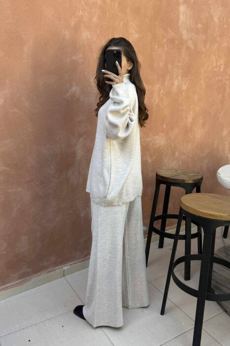 TURTLE NECK SWEATER+TROUSERS WOMEN KNIT SET BEIGE/BEZHE - 2