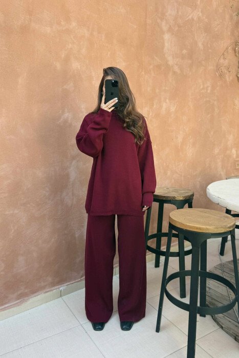 TURTLE NECK SWEATER+TROUSERS WOMEN KNIT SET BURGUNDY/VISHNJE - 3