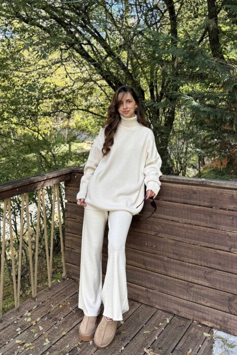 TURTLE NECK SWEATER+TROUSERS WOMEN KNIT SET CREAM/KREM 