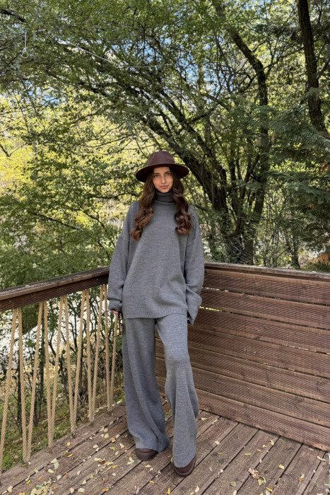 TURTLE NECK SWEATER+TROUSERS WOMEN KNIT SET DARK GREY/GEE - 1