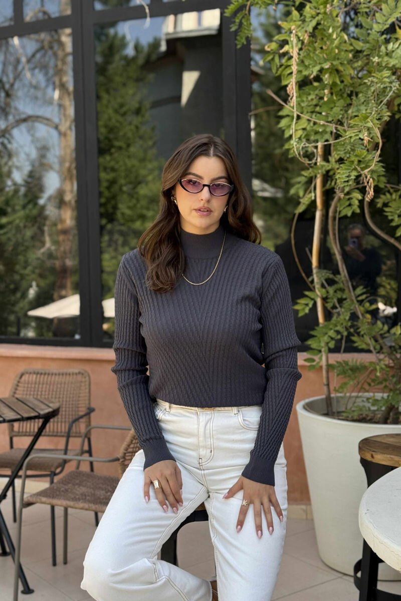 TURTLE NECK TEXTURED WOMAN SWEATER DARK GREY/GEE - 1