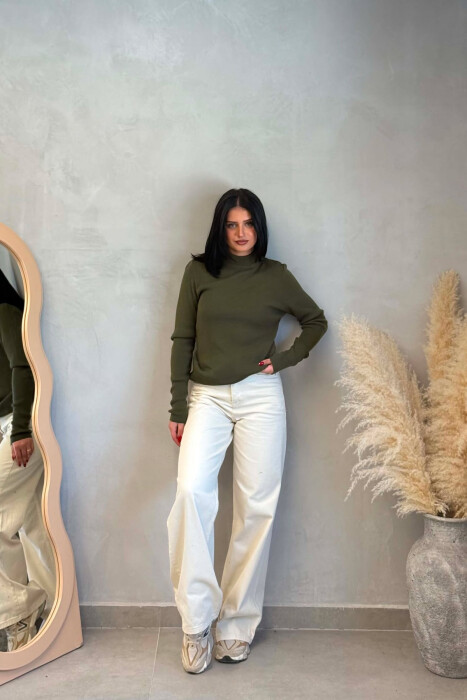 TURTTLE NECK ONE COLOR WOMEN SWEATER GREEN/JESHILE - 3