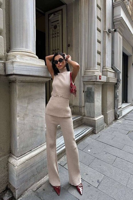 TURTTLE NECK OPEN BANCK WOMAN SET BEIGE/BEZHE - KLAUDIO FASHION