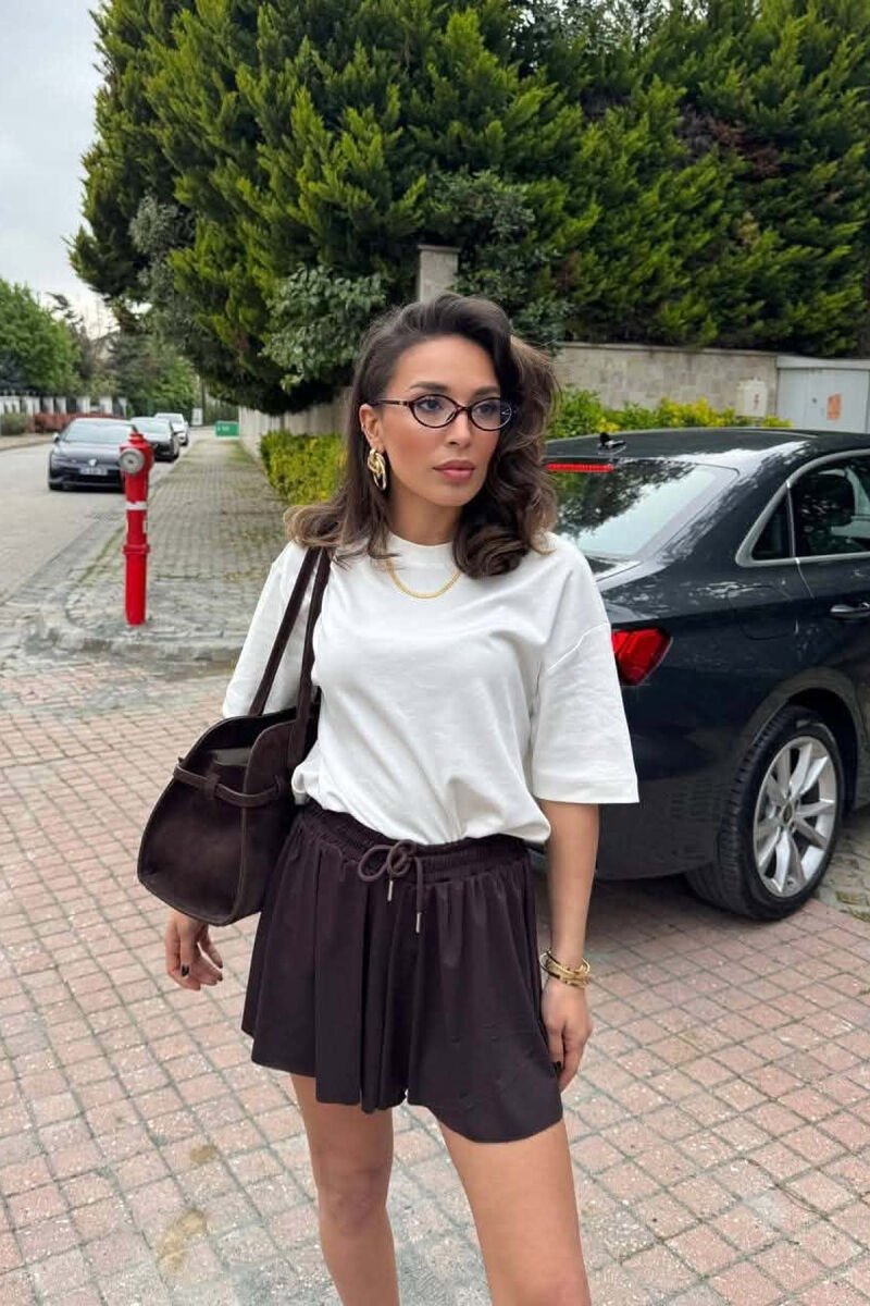 TUTA TE SHKURTRA ME BEL ELASTIK PER FEMRA NE NGJYRE KAFE TE ERRET - 3