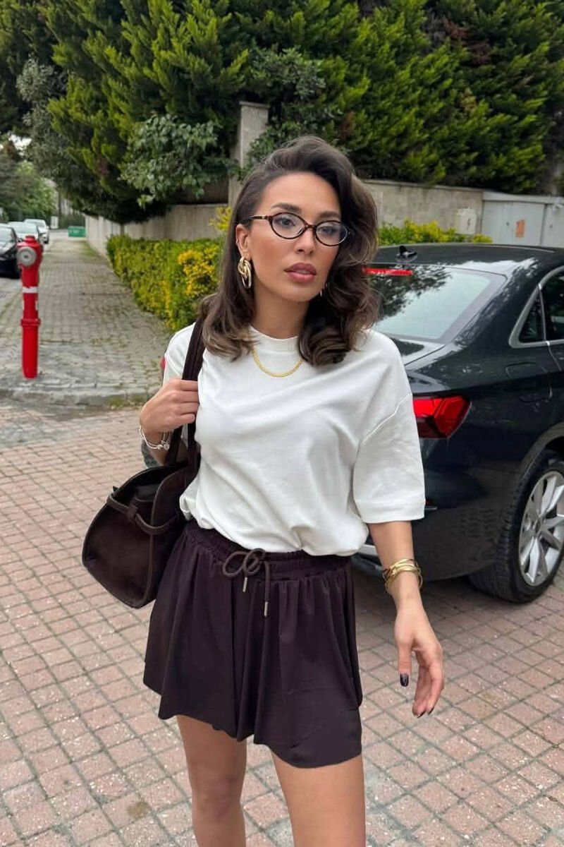TUTA TE SHKURTRA ME BEL ELASTIK PER FEMRA NE NGJYRE KAFE TE ERRET - 4