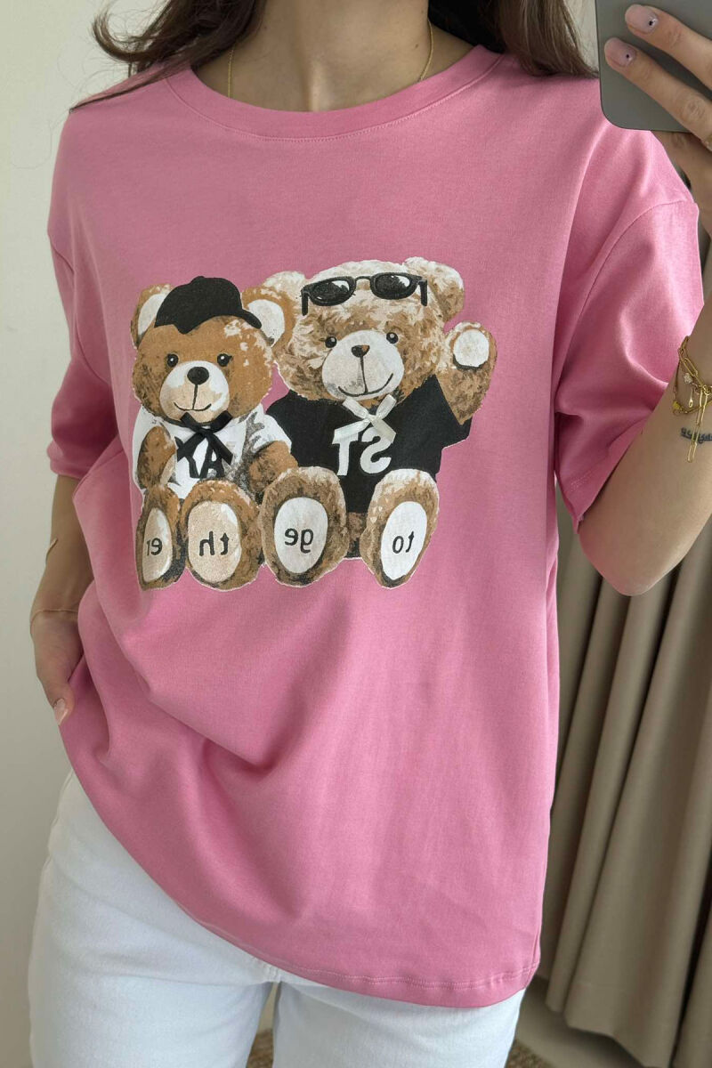 TWO BEARS LOGO ONE COLOR WOMEN T-SHIRT PINK/ROZE - 3
