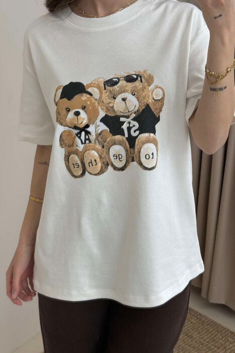 TWO BEARS LOGO ONE COLOR WOMEN T-SHIRT WHITE-E BARDHE - 3