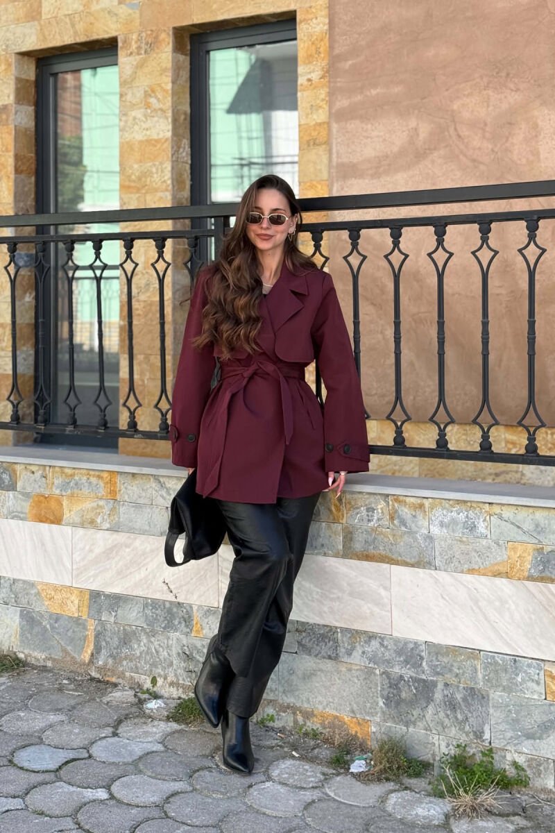 TWO BUTTONS BELT DETAIL WOMAN TRENCH COAT BURGUNDY/VISHNJE - 2