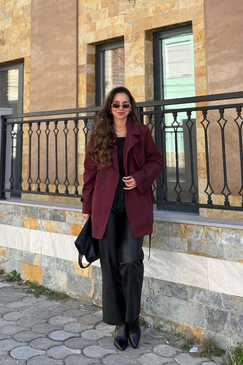 TWO BUTTONS BELT DETAIL WOMAN TRENCH COAT BURGUNDY/VISHNJE - 3