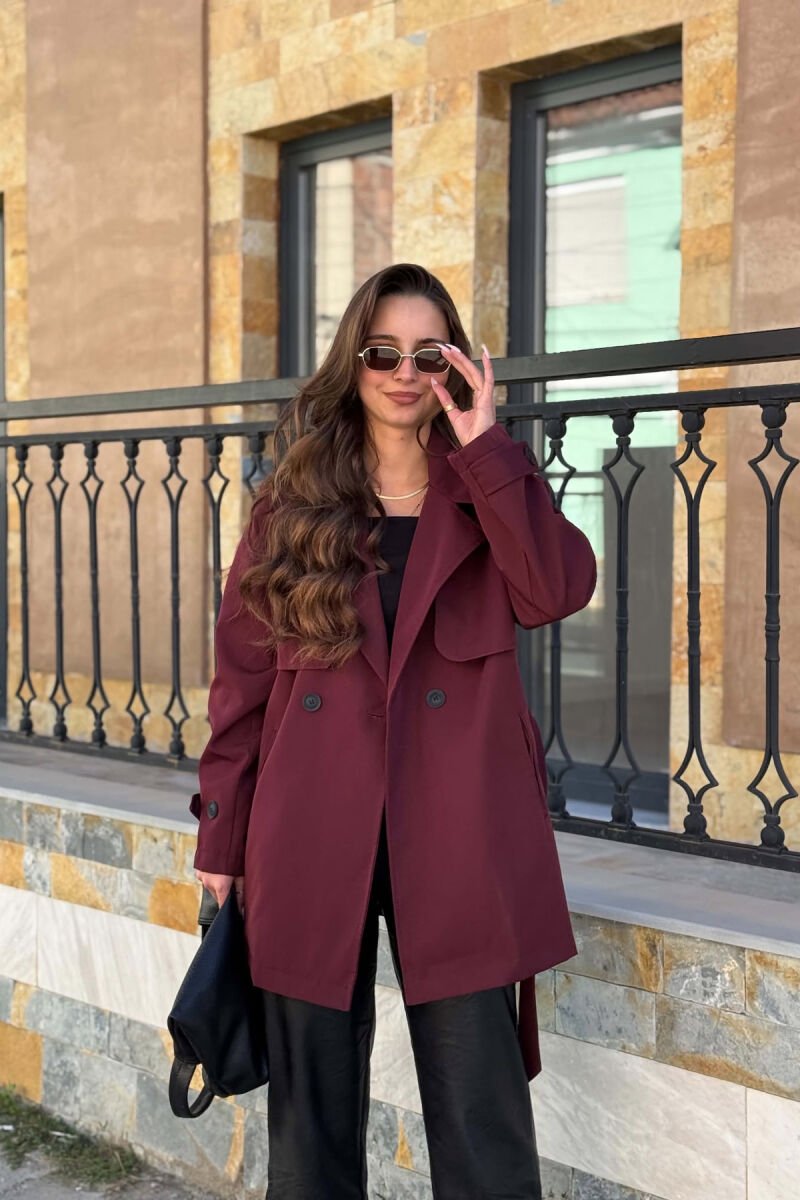 TWO BUTTONS BELT DETAIL WOMAN TRENCH COAT BURGUNDY/VISHNJE - 4