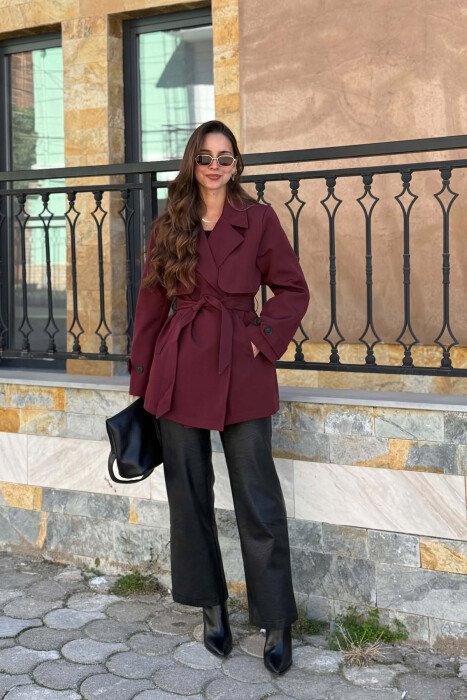 TWO BUTTONS BELT DETAIL WOMAN TRENCH COAT BURGUNDY/VISHNJE - 5