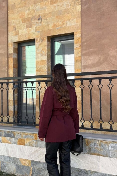 TWO BUTTONS BELT DETAIL WOMAN TRENCH COAT BURGUNDY/VISHNJE - 6