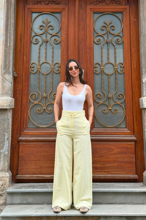 TWO BUTTONS ONE COLOR WOMEN TROUSERS YELLOW/E VERDHE - 2