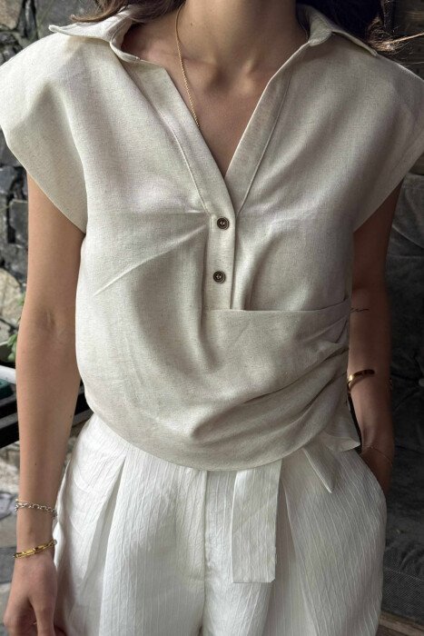 TWO BUTTONS POLO NECK WOMEN TANK TOP CREAM/KREM - 3
