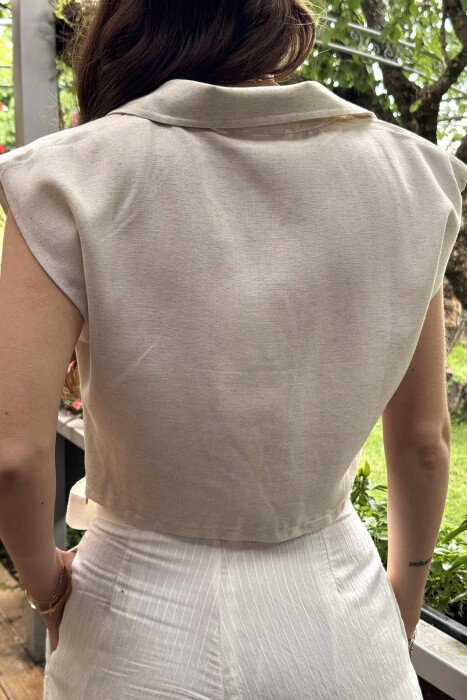 TWO BUTTONS POLO NECK WOMEN TANK TOP CREAM/KREM - 5