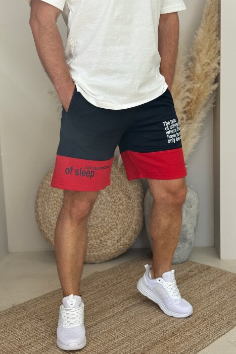 TWO COLOR FRONT WRITTING MEN SHORTS DARK BLUE+RED/BEE+KU - KLAUDIO FASHION