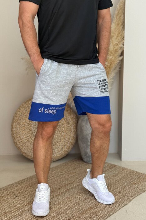 TWO COLOR FRONT WRITTING MEN SHORTS GREY-BLUE/ GRBL - KLAUDIO FASHION