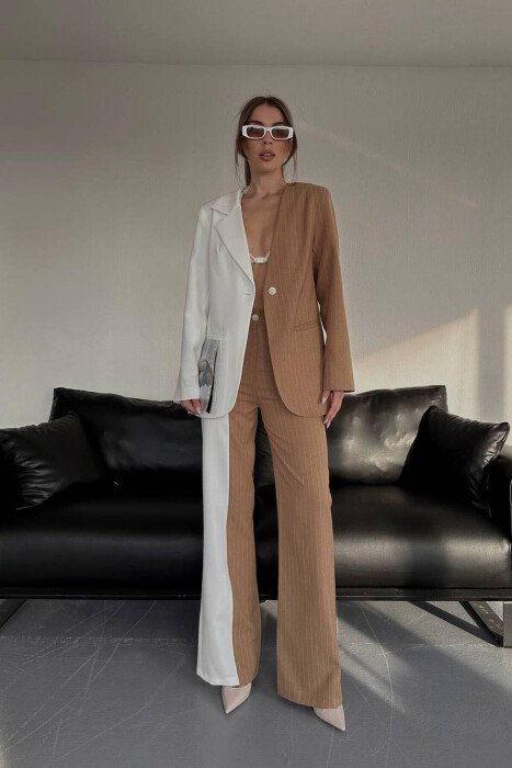 TWO COLOR JACKET+TROUSERS WOMEN SET WHITE-BROWN/BAKA - KLAUDIO FASHION