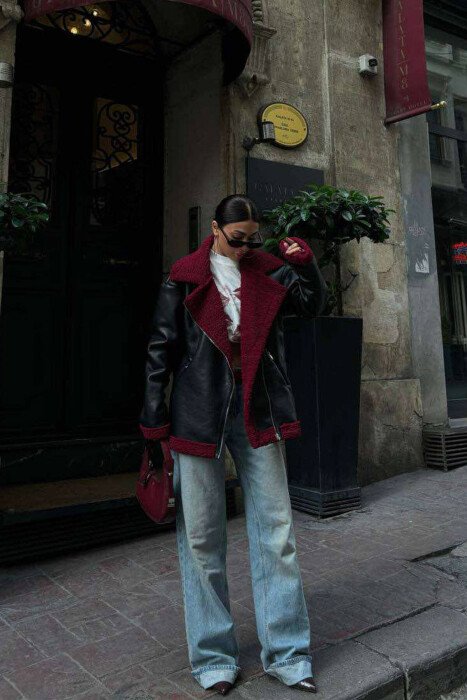 TWO COLOR LEATHER FLUFFY WOMEN JACKET BLACK-BURGUNDY/ZEVI - KLAUDIO FASHION