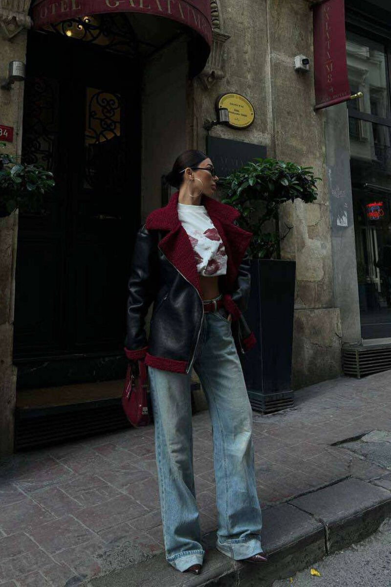 TWO COLOR LEATHER FLUFFY WOMEN JACKET BLACK-BURGUNDY/ZEVI - 3
