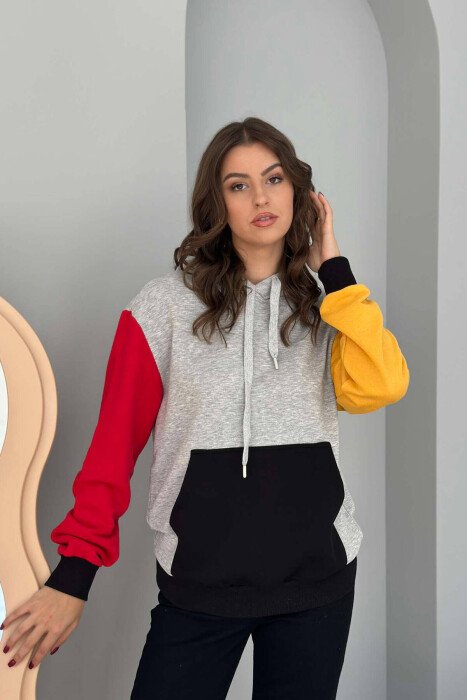 TWO COLOR SLEEVE WOMEN HOODIE LIGHT GREY/GZ - KLAUDIO FASHION