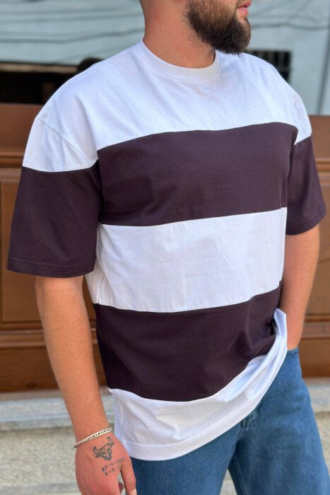 TWO COLORS COTTON MEN T-SHIRT WHITE-BROWN/BAKA - KLAUDIO FASHION