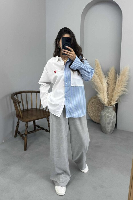 TWO COLORS HEART WOMAN SHIRT BLUE-WHITE/BLBA - KLAUDIO FASHION