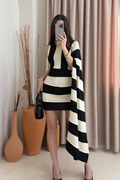 TWO COLORS KNITTED WOMEN DRESS CREAM+BLACK/KREM+ZEZE - 4