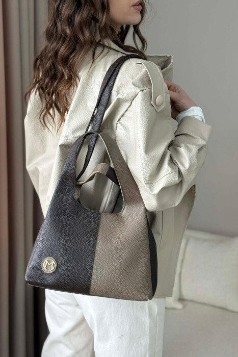 TWO COLORS LEATHER WOMAN BAG BROWN+GREY/KAFE+GRI - 2