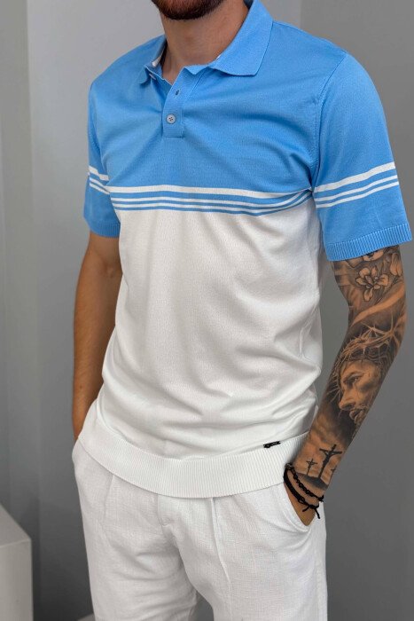 TWO COLORS POLO NECK MEN T-SHIRT LIGHTBLUE/BZ - 2