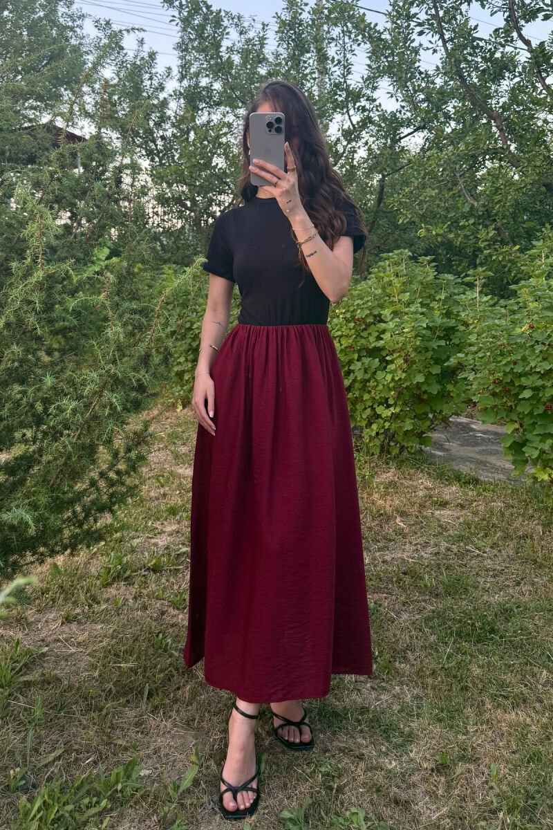 TWO COLORS SHORT SLEEVES LONG WOMEN DRESS BLACK-BURGUNDY/ZEVI - 1