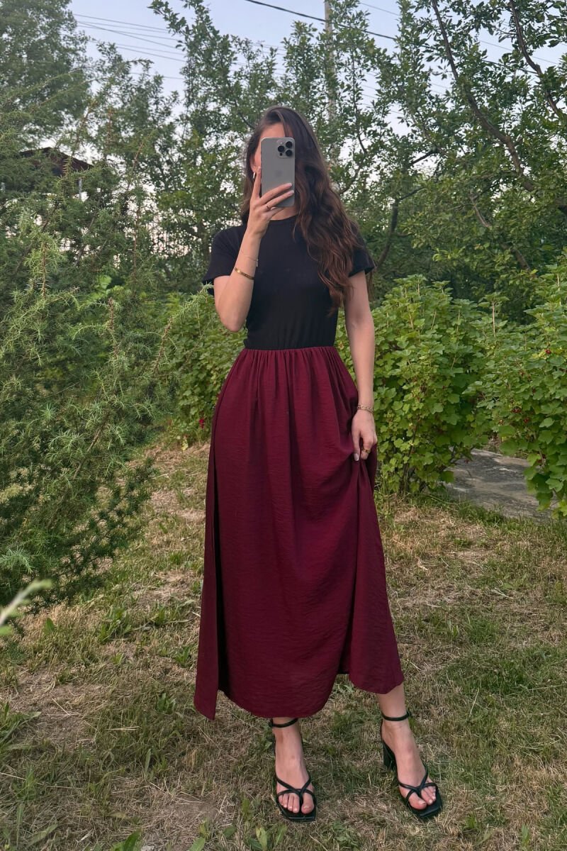 TWO COLORS SHORT SLEEVES LONG WOMEN DRESS BLACK-BURGUNDY/ZEVI - 2