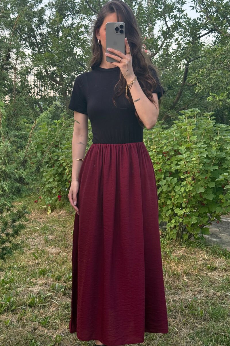TWO COLORS SHORT SLEEVES LONG WOMEN DRESS BLACK-BURGUNDY/ZEVI - 3