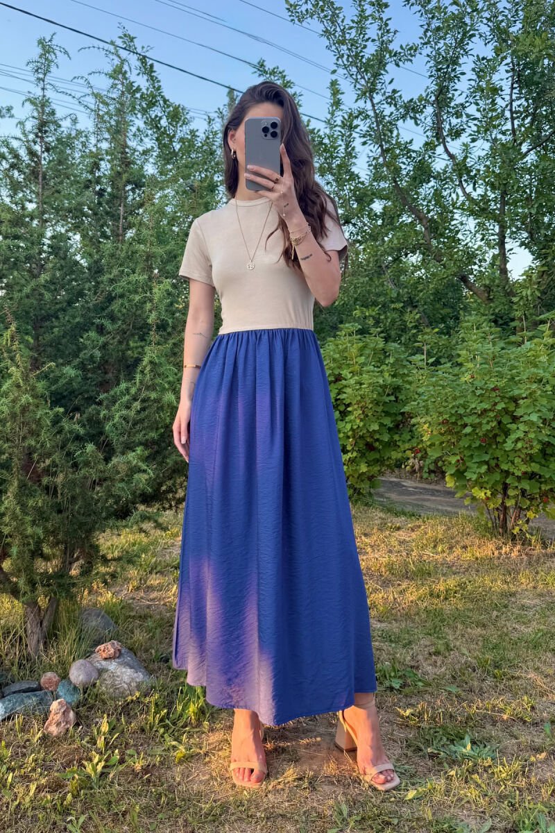 TWO COLORS SHORT SLEEVES LONG WOMEN DRESS BLUE-BEIGE/BLBZH - 1