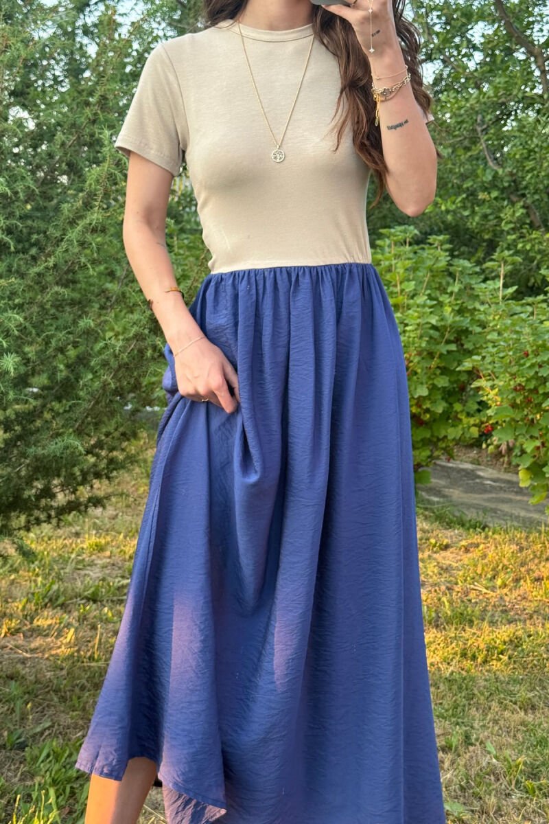 TWO COLORS SHORT SLEEVES LONG WOMEN DRESS BLUE-BEIGE/BLBZH - 2
