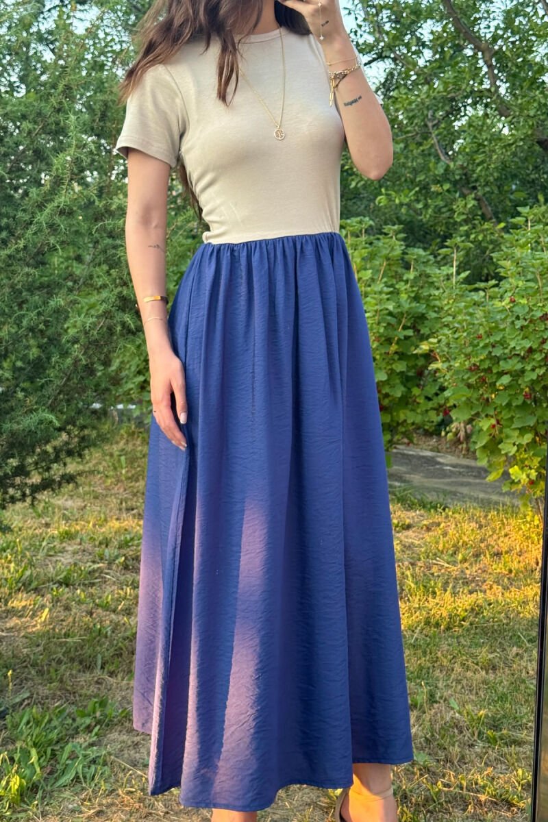 TWO COLORS SHORT SLEEVES LONG WOMEN DRESS BLUE-BEIGE/BLBZH - 3