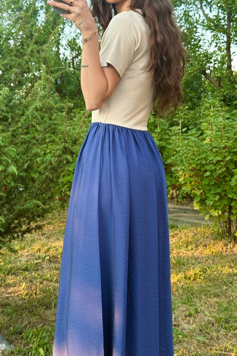 TWO COLORS SHORT SLEEVES LONG WOMEN DRESS BLUE-BEIGE/BLBZH - 4
