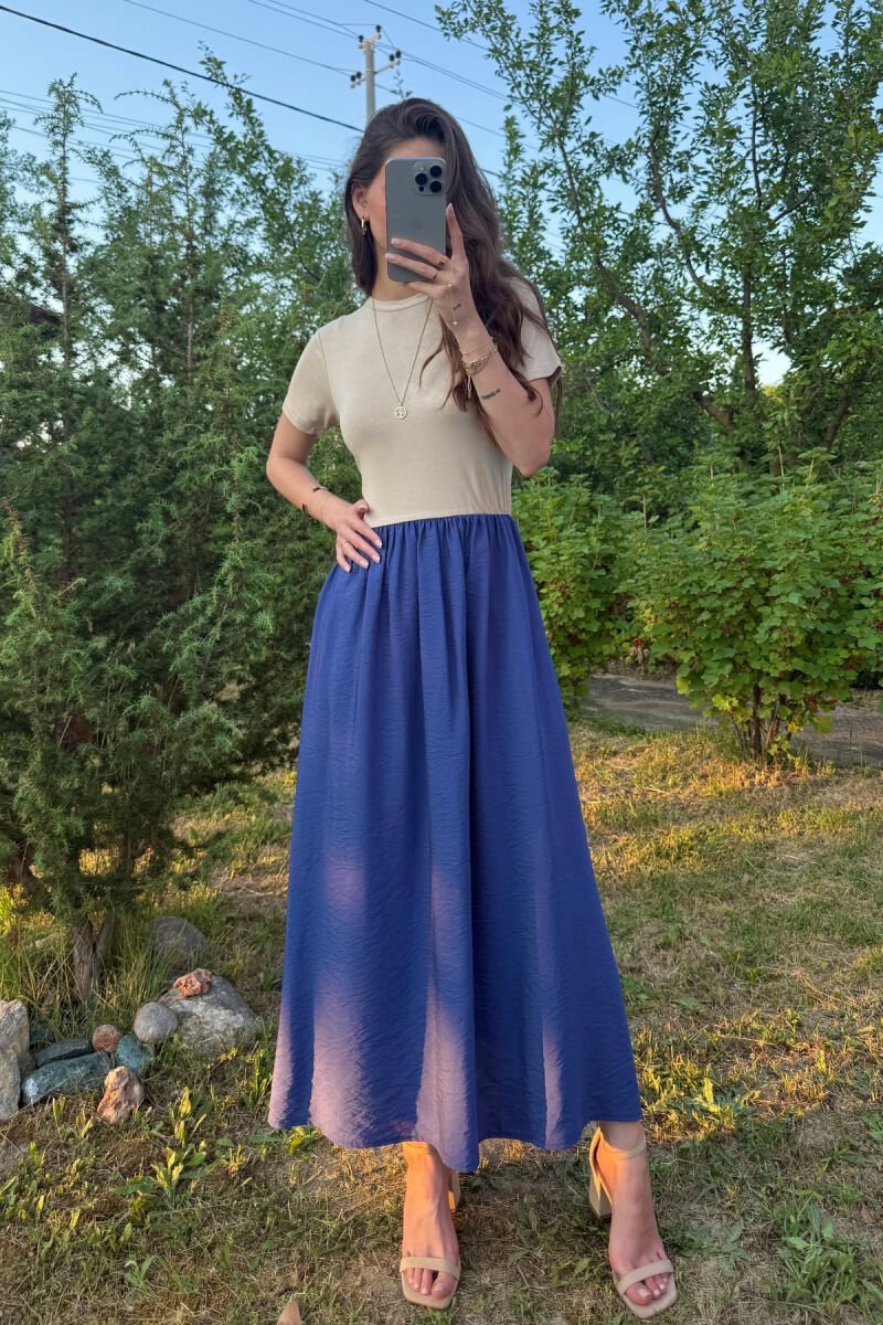 TWO COLORS SHORT SLEEVES LONG WOMEN DRESS BLUE-BEIGE/BLBZH - 5