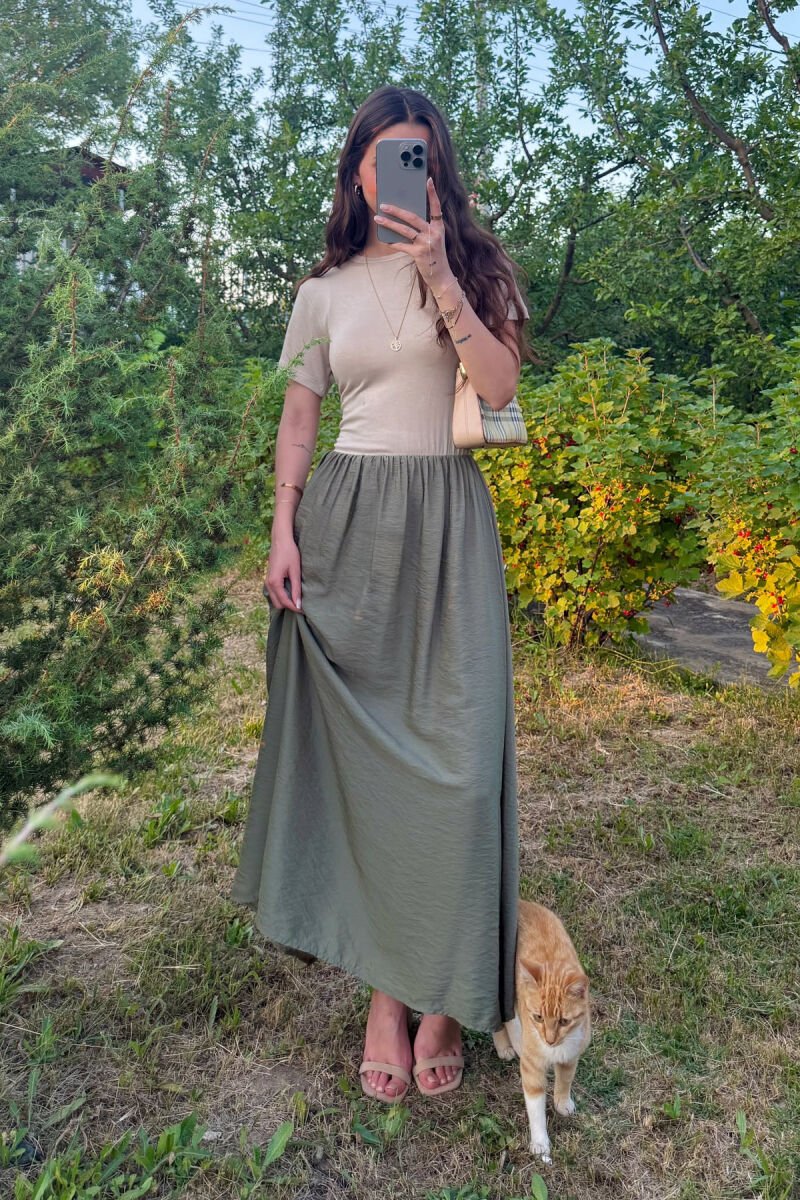 TWO COLORS SHORT SLEEVES LONG WOMEN DRESS CREAM-OLIVE - 1