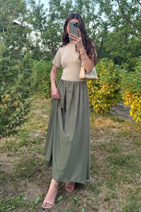 TWO COLORS SHORT SLEEVES LONG WOMEN DRESS CREAM-OLIVE - 2