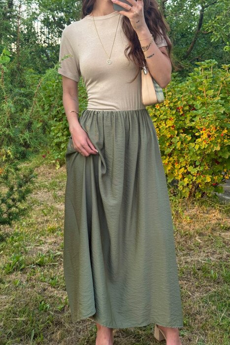 TWO COLORS SHORT SLEEVES LONG WOMEN DRESS CREAM-OLIVE - 3