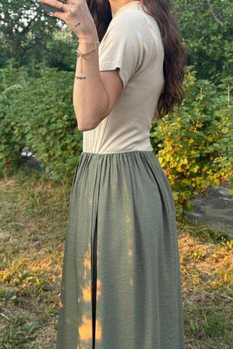 TWO COLORS SHORT SLEEVES LONG WOMEN DRESS CREAM-OLIVE - 4