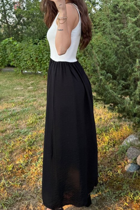 TWO COLORS THICK STRAPS LONG WOMEN DRESS WHITE-BLACK/BAZE - 7