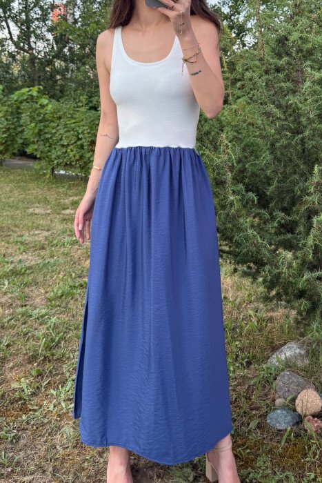 TWO COLORS THICK STRAPS LONG WOMEN DRESS WHITE-BLUE/BABL - 6