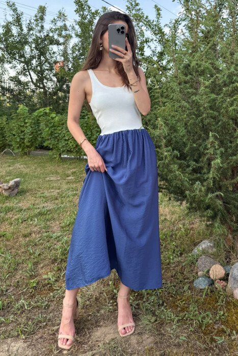 TWO COLORS THICK STRAPS LONG WOMEN DRESS WHITE-BLUE/BABL - 4